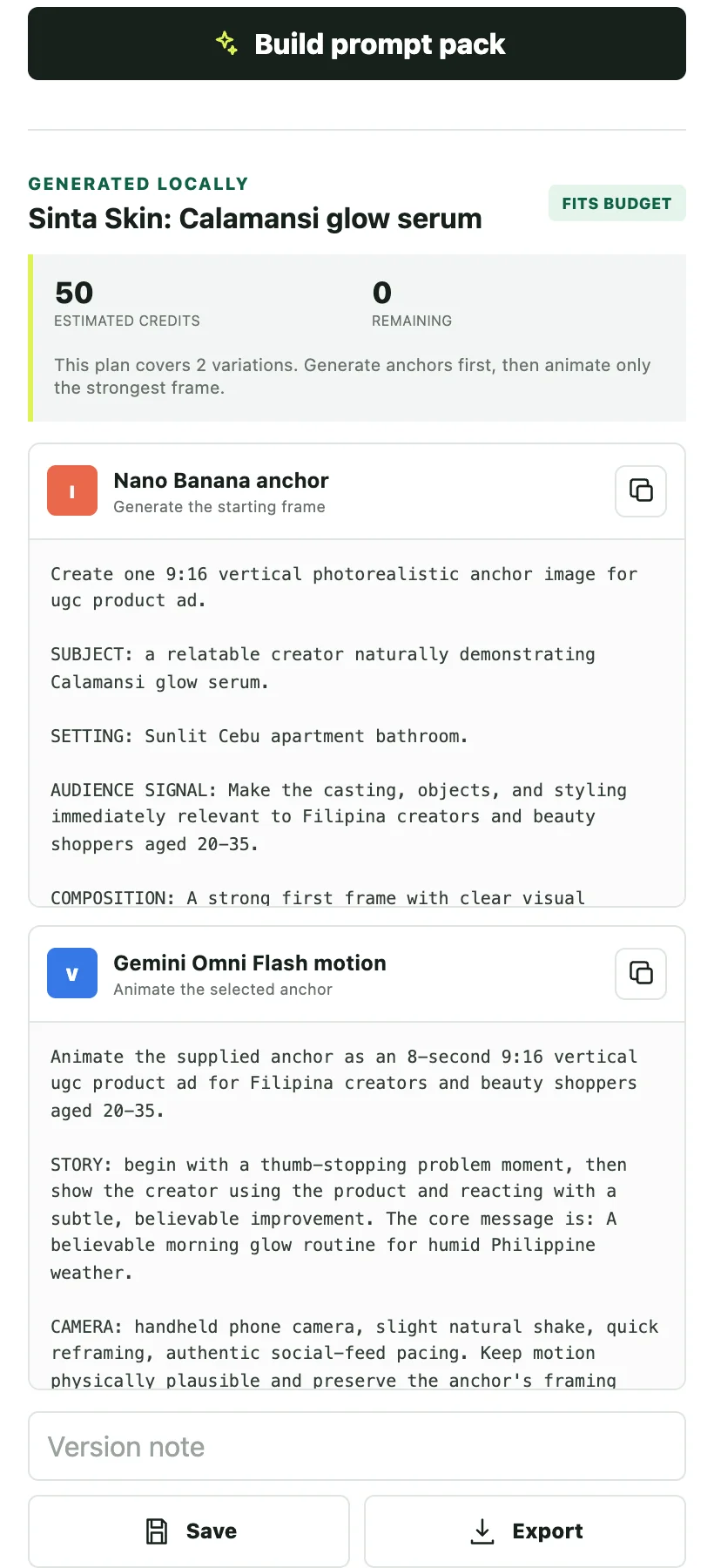 FlowPilot showing locally compiled image and video prompts with copy and export controls