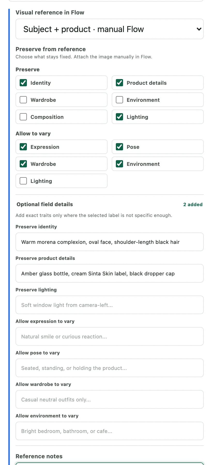 FlowPilot Visual Reference Builder with preserve and allow-to-vary selections