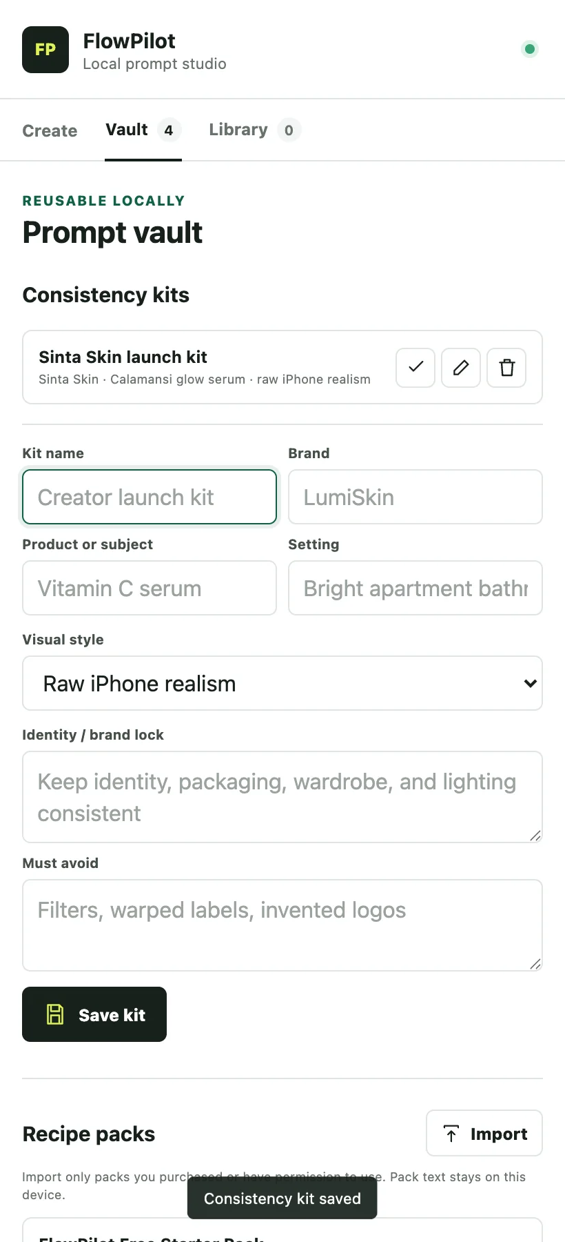 FlowPilot Consistency Vault showing a saved campaign kit and recipe pack